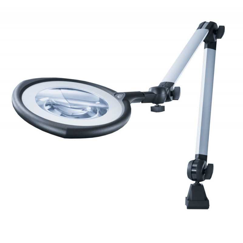 Lampe LED gradable avec loupe cylindrique sur bras articulé Lampe LED gradable avec loupe cylindrique sur bras articulé
