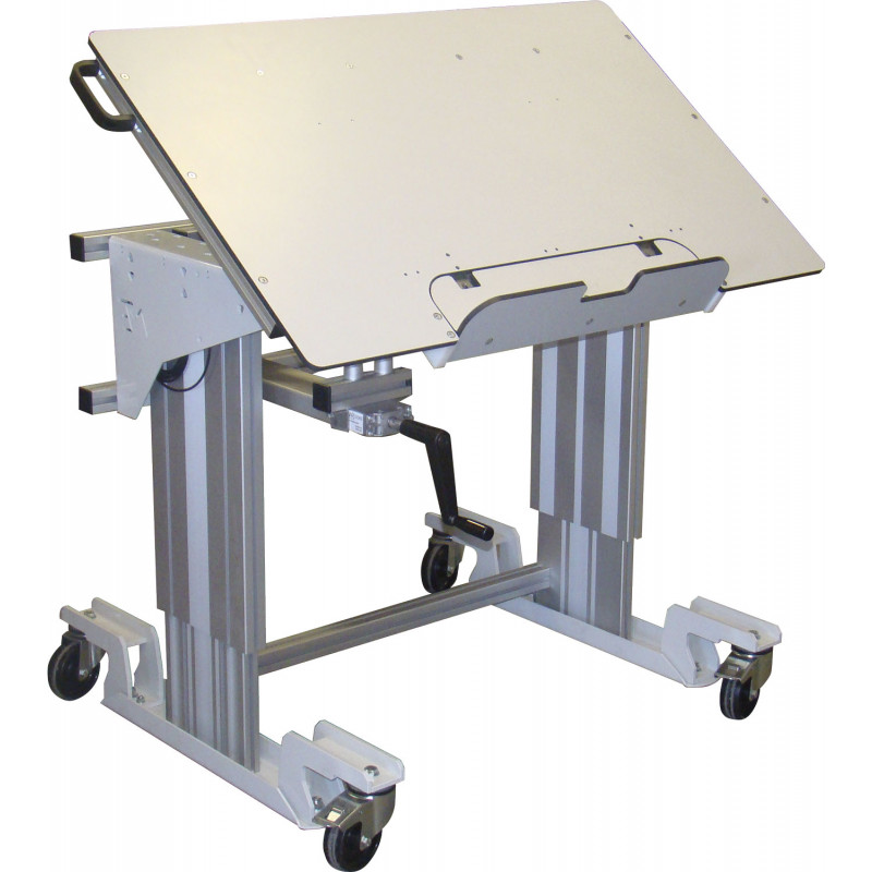 Poste de travail à hauteur ajustable avec plateau inclinable manuellement et butée pivotante Poste de travail à hauteur ajustable avec plateau inclinable manuellement et butée pivotante