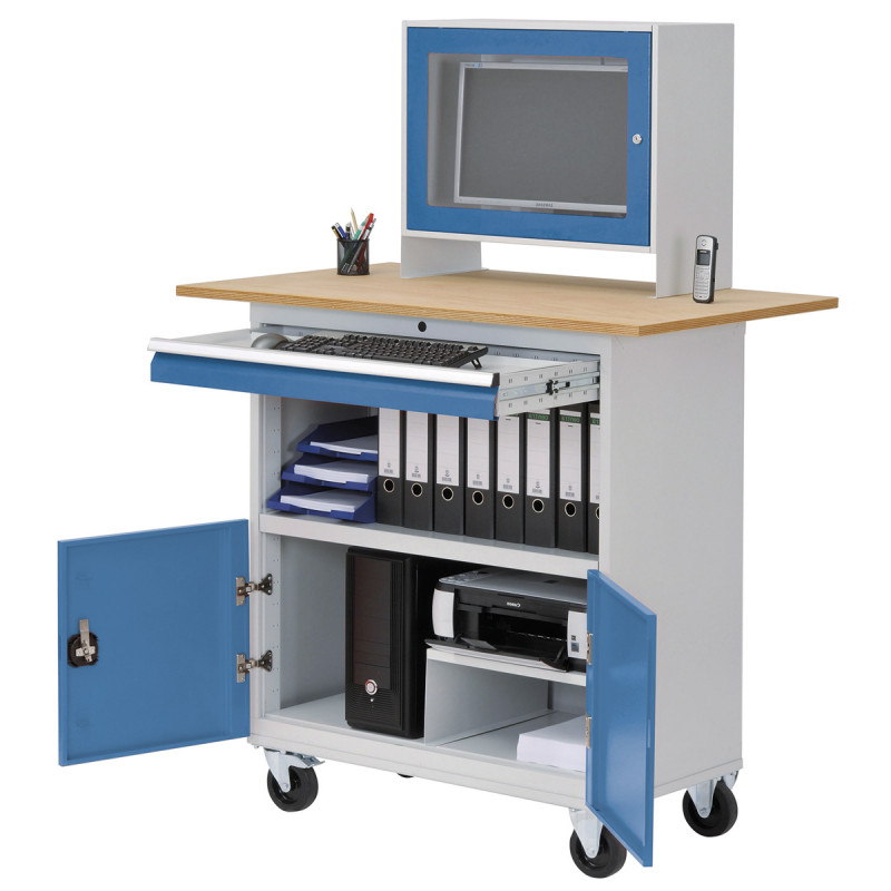 Bureau informatique mobile avec rangements et compartiment de protection pour écran plat