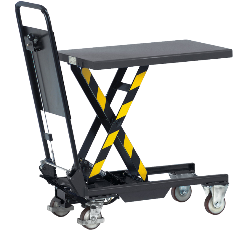 Chariot à plateforme élévatrice 150 kg, plateau 700×450 mm, levée 265 à 755 mm.