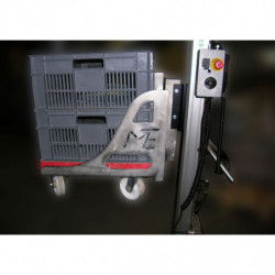 Vue de profil de l'outil inox de levage de caisses pour mini gerbeur électrique